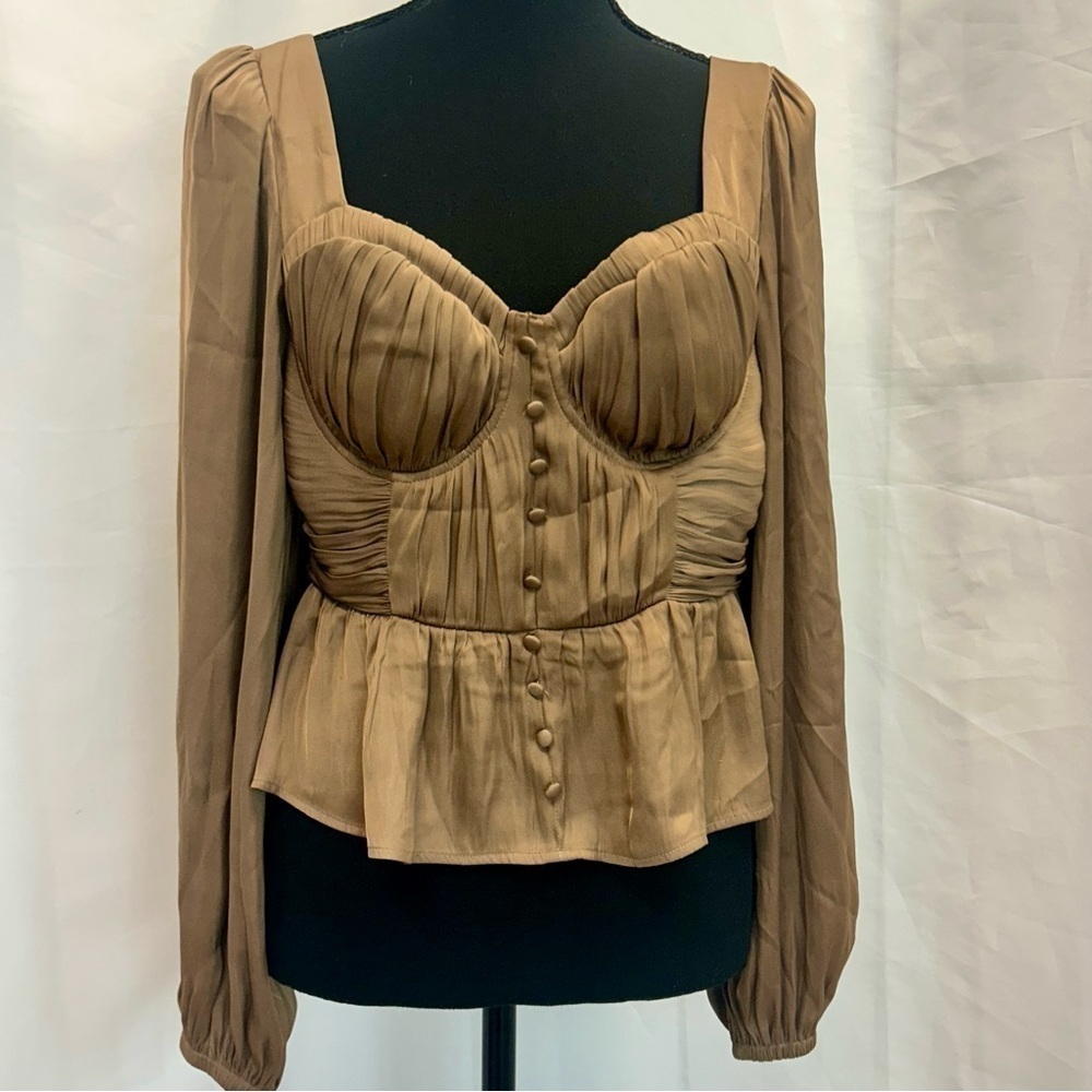 Joie tan satin corset button balloon puff sleeve cut out tie back blouse S NWT